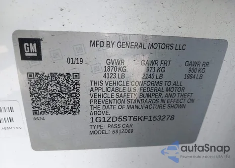 2019 Chevrolet Malibu Lt z USA, uszkodzony, nr VIN 1G1ZD5ST6KF153278
